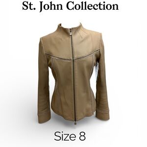 St John Collection Lambskin Leather Jacket Size 8 Minimalist Crochet Trim Luxury